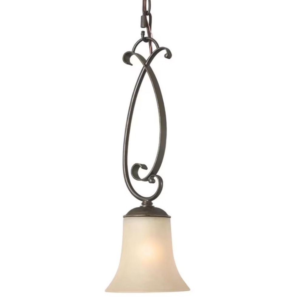 Hampton Bay Essex Mini Pendant Light 18.5” –Aged Black / Tea-Stained Glass (New)